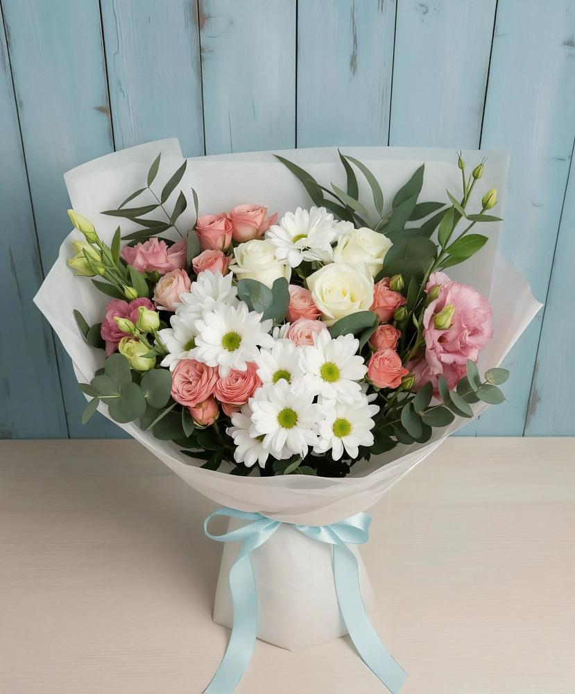 Букет цветов из: Розы, Лизиантусы и Хризантемы в Хлюпино