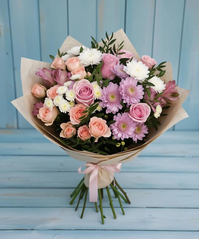 Букет цветов из: Хризантемы, Розы и Альстромерии в Хлюпино