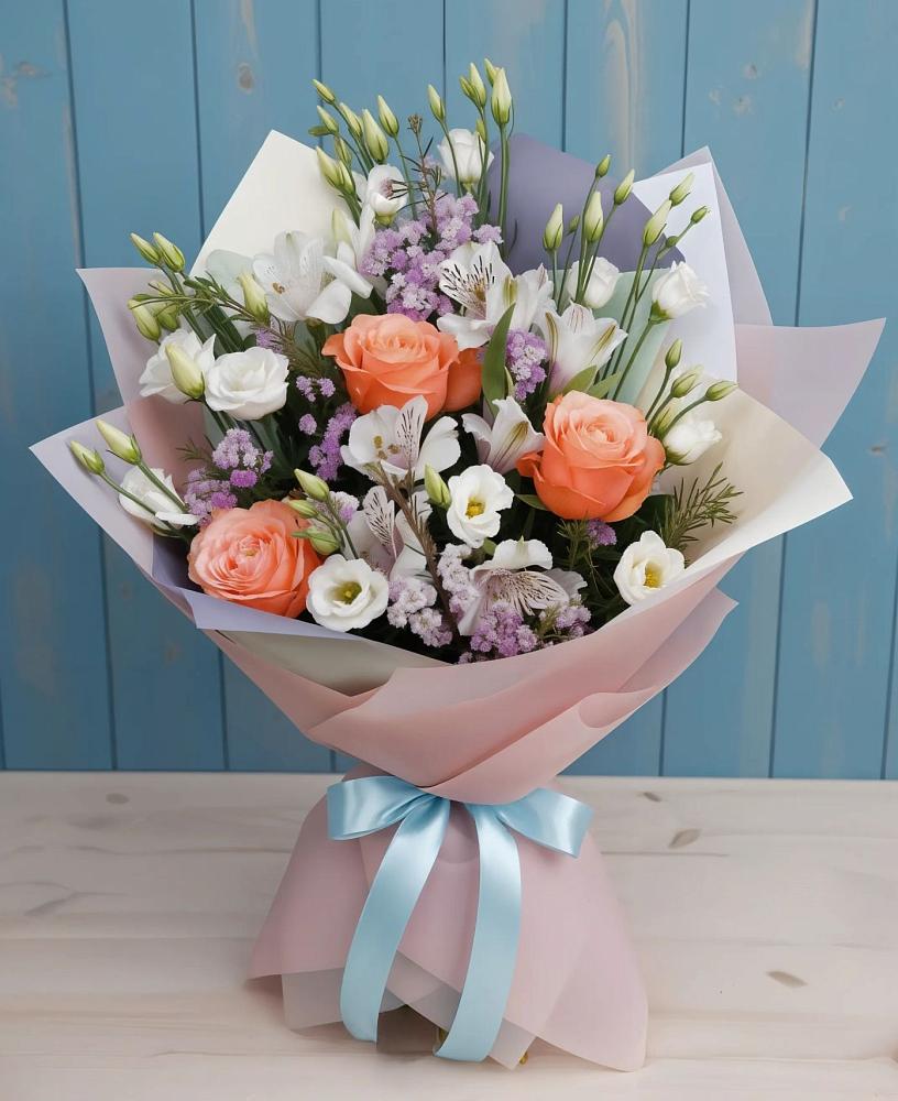 Букет цветов из: Лизиантусы, Розы, Альстромерии и Гипсофила в Хлюпино