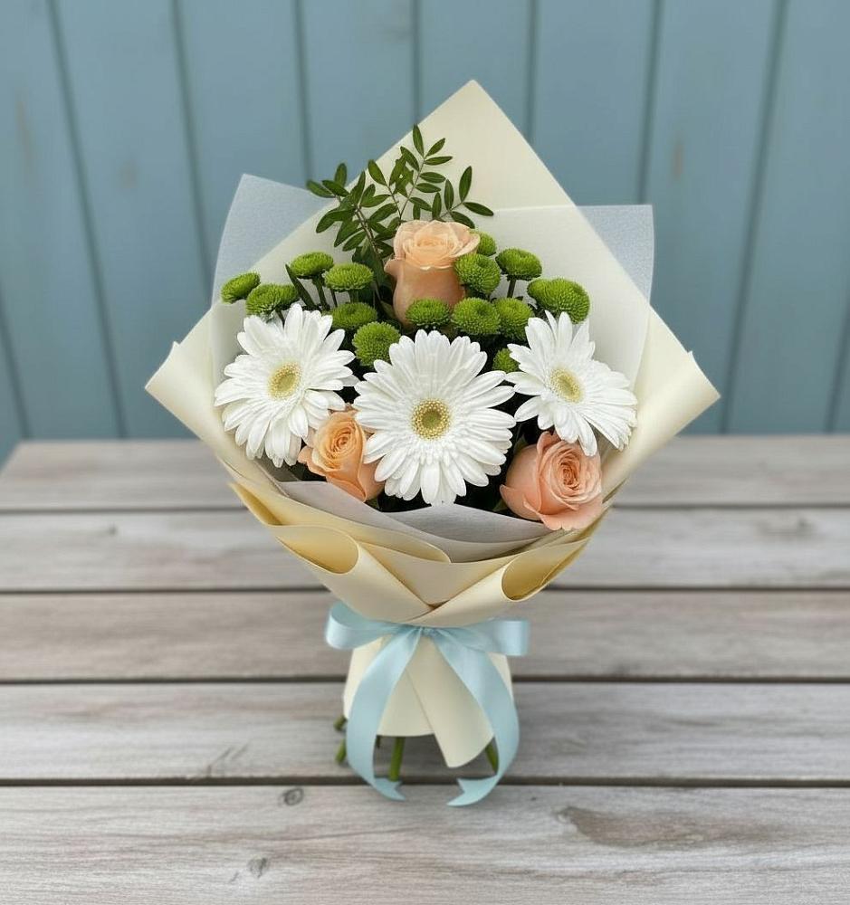 Букет цветов из: Герберы, Розы и Хризантемы в Хлюпино