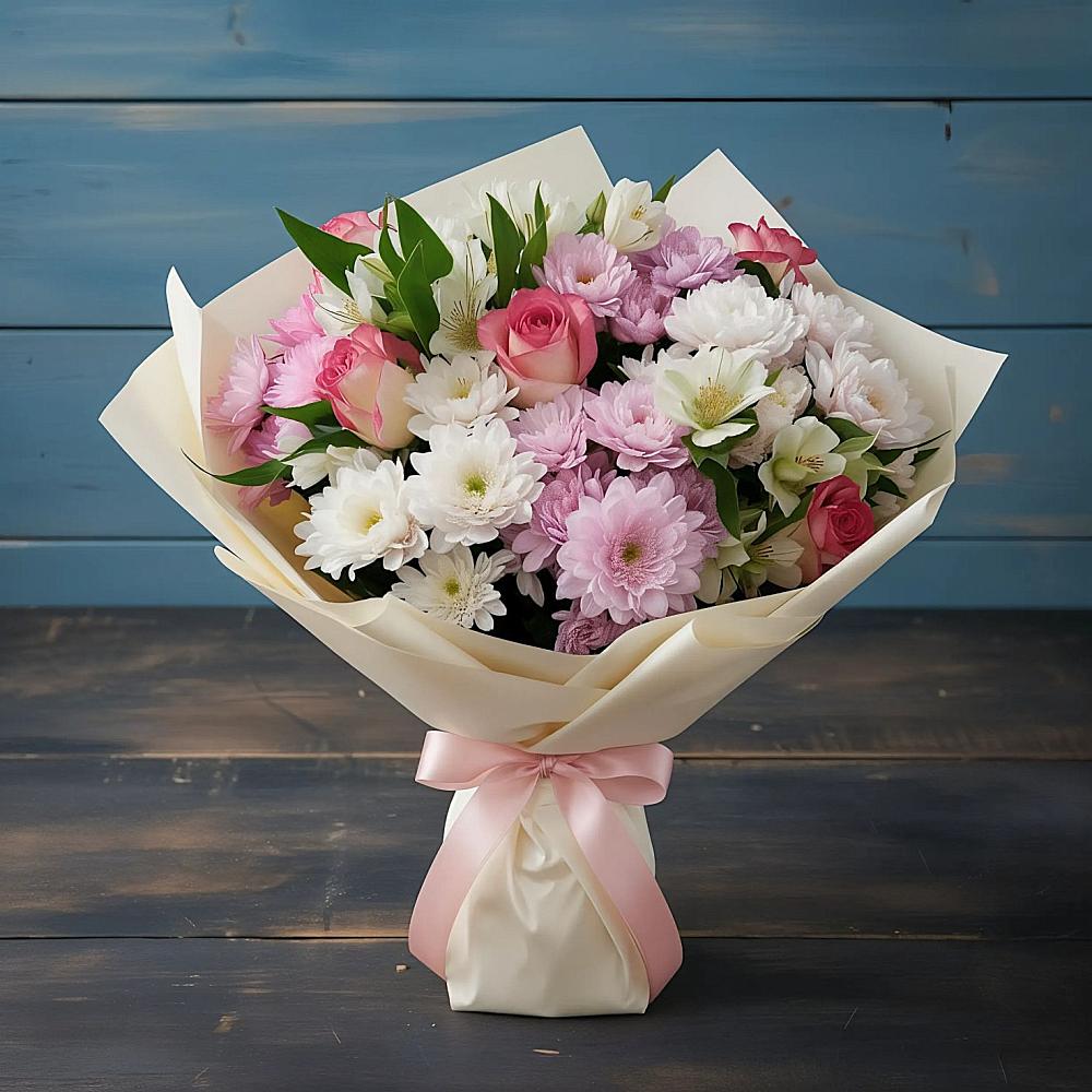 Букет цветов из: Хризантемы, Альстромерии и Розы в Хлюпино